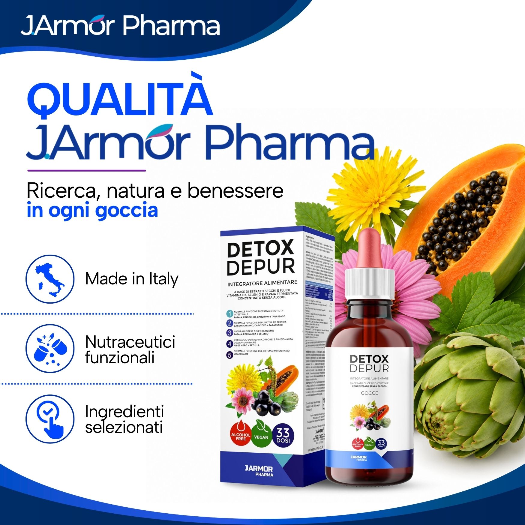 Flacone e scatola di gocce Detox Depur. Made in Italy, nutraceutici funzionali, ingredienti selezionati.