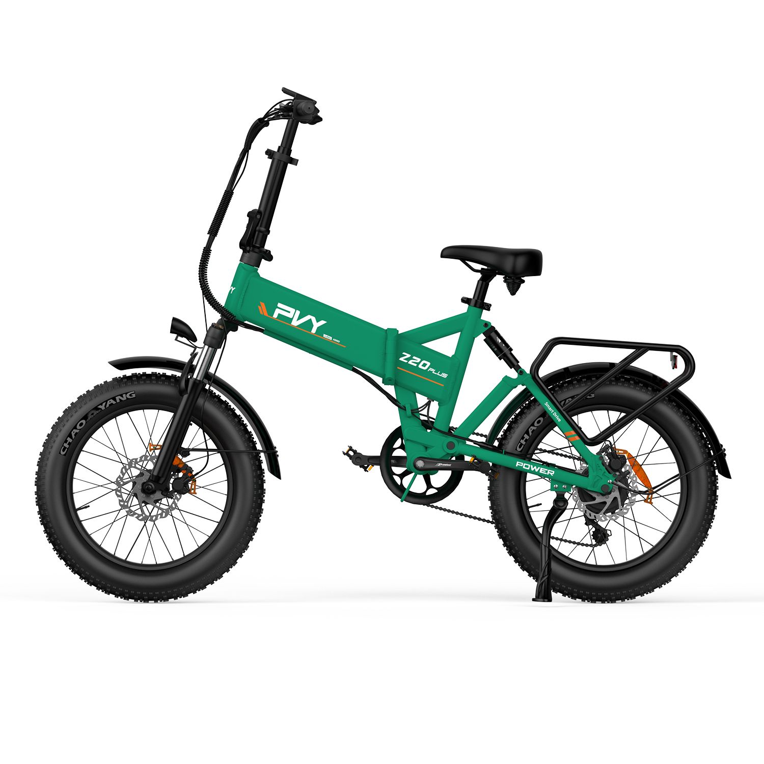 E-bike PVY Z20 Plus verde con tripla sospensione. Pneumatici neri, portapacchi e sella. Scritte visibili.
