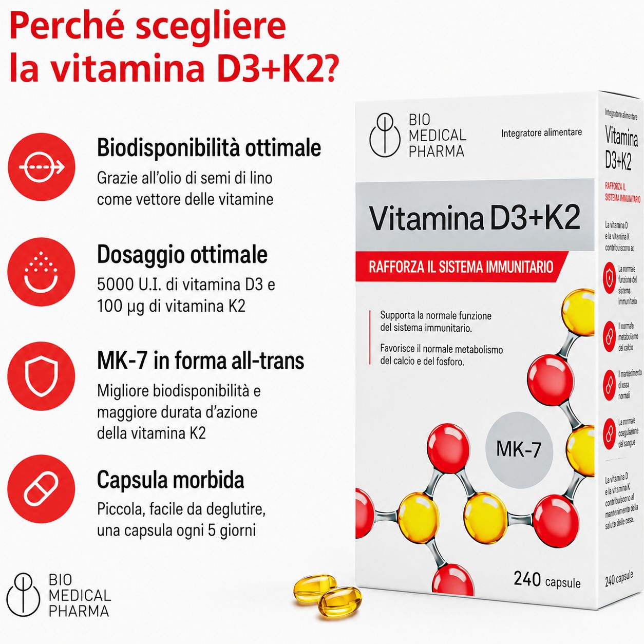 Bio Medical Pharma Vitamina D3+K2: Rafforza il sistema immunitario. Dosaggio ottimale, MK-7 in forma All-Trans.