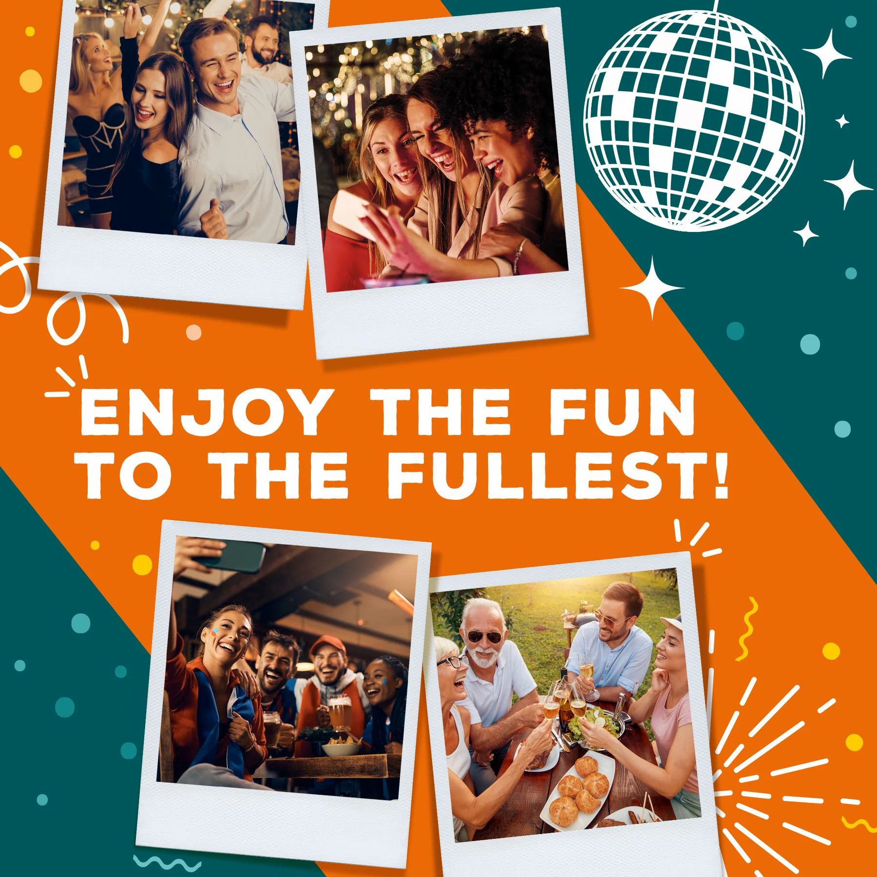 Immagine promozionale con foto di persone che si divertono. Contiene il testo 'Enjoy the fun to the fullest!'