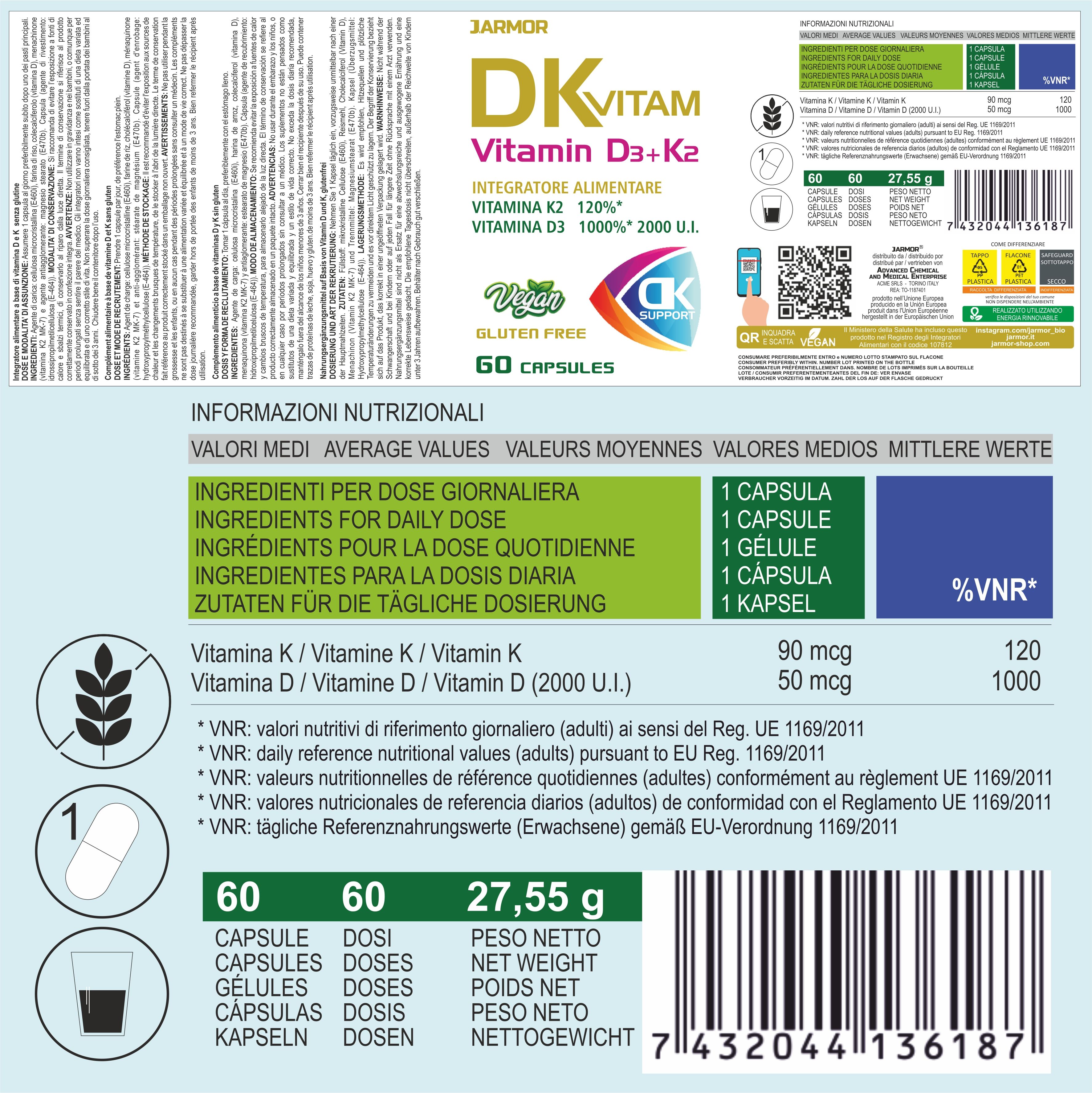 Etichetta con informazioni nutrizionali. Ingredienti per dose giornaliera: 1 capsula. Vitamine K e D. Peso 27,55 g. 60 capsule.