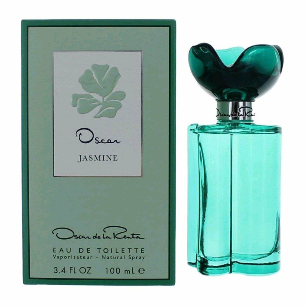 Profumo verde con tappo a forma di fiore e scatola verde. Scritta: Oscar, Jasmine, Eau de Toilette, 3.4 FL OZ, 100 ml e.