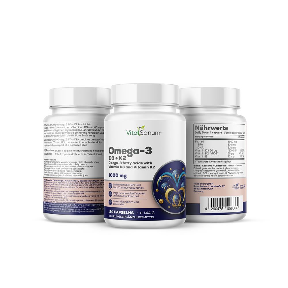 Tre flaconi bianchi di capsule Omega-3 D3+K2. Nome del prodotto e informazioni sulle etichette.