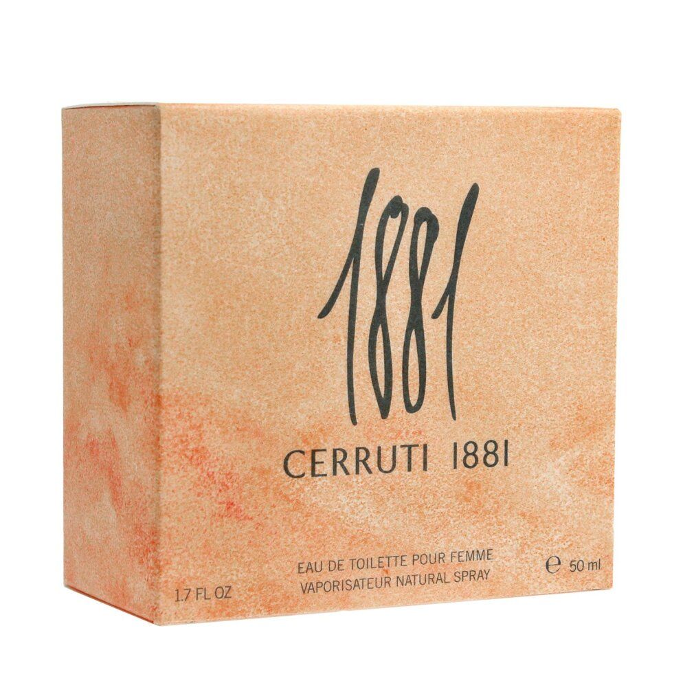 Scatola di cartone beige con "1881" e "CERRUTI 1881". Testo: Eau de Toilette Pour Femme, Vaporisateur Natural Spray.