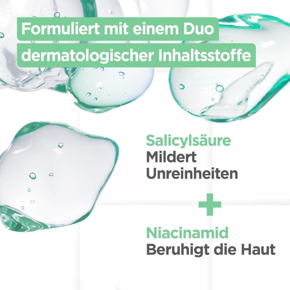Rappresentazione grafica degli ingredienti del siero. Testo: L'acido salicilico attenua le imperfezioni, la niacinamide lenisce la pelle.