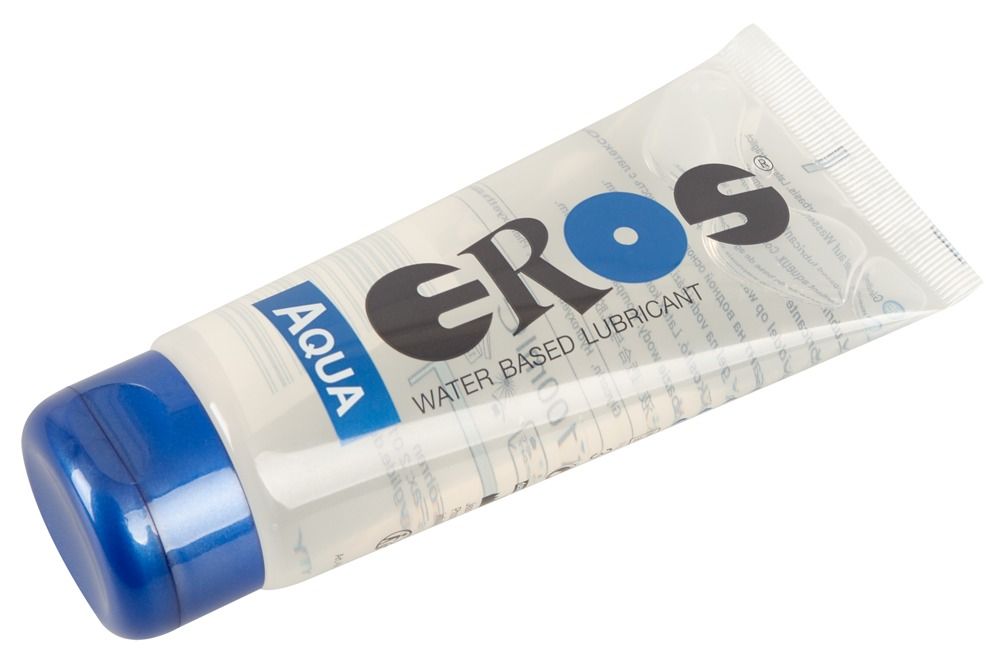 Lubrificante EROS Aqua in tubo trasparente con tappo blu.