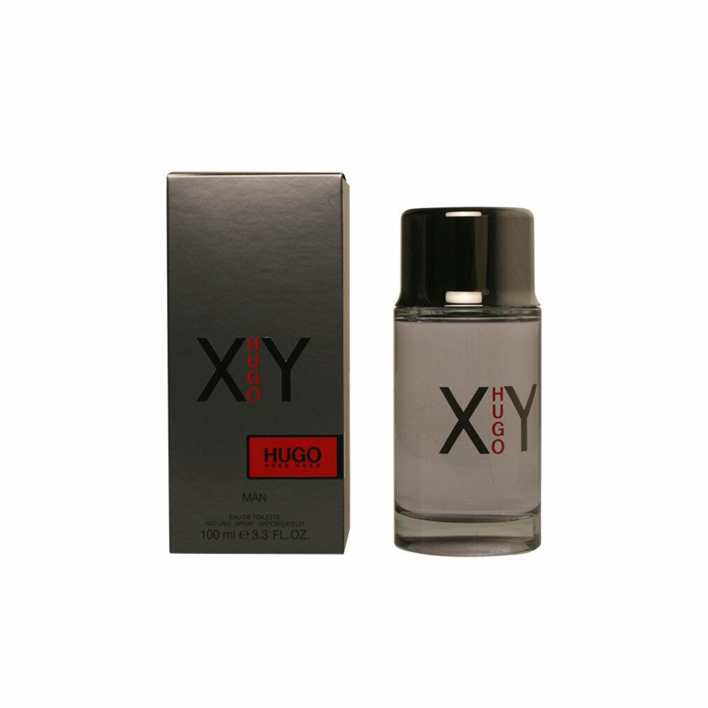 Flacone e confezione Hugo Boss XY. Confezione nera, flacone grigio con tappo nero. Scritta XY e Hugo.