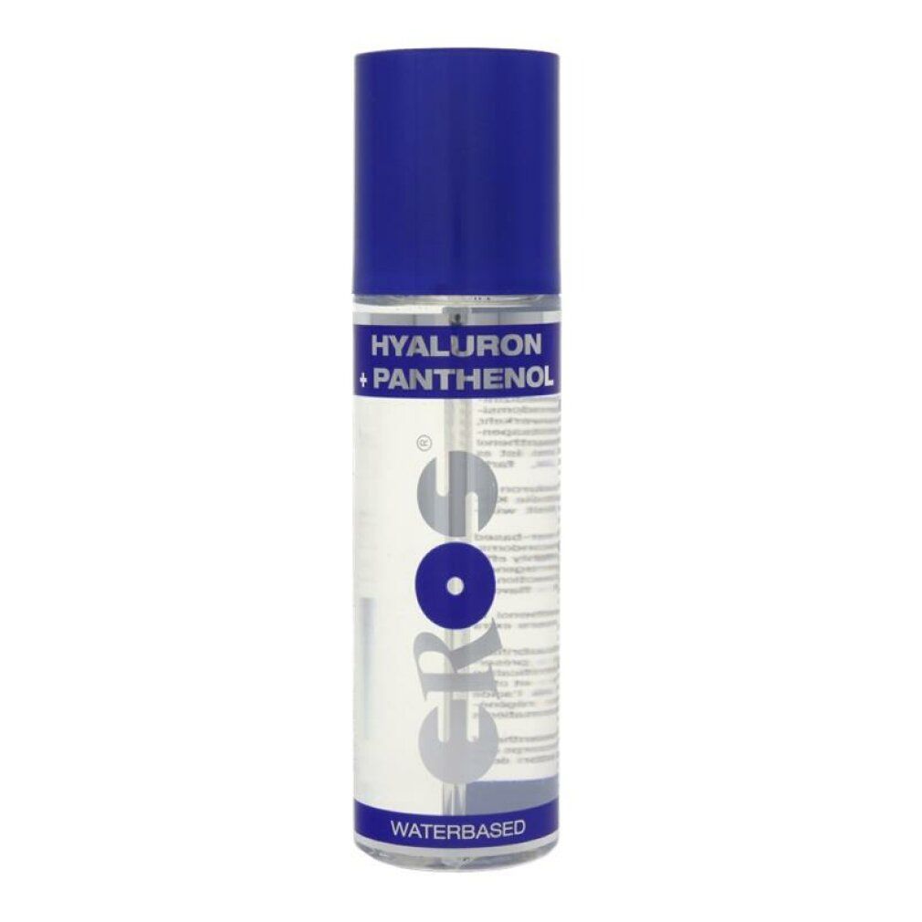 Flacone trasparente con tappo blu. Scritte: Hyaluron + Panthenol, Eros, Waterbased.