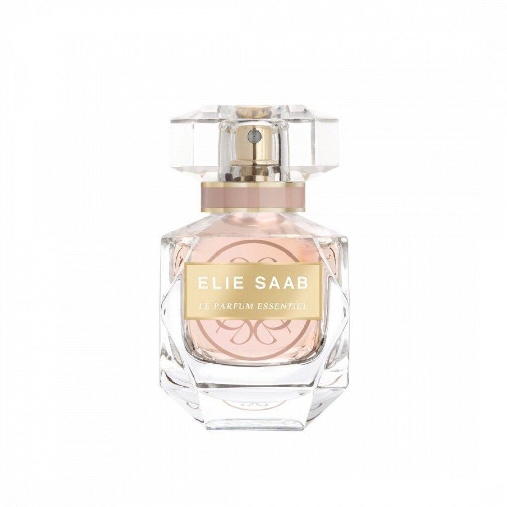 Flacone di profumo con etichetta dorata. Scritta: ELIE SAAB, LE PARFUM ESSENTIEL. Flacone in vetro trasparente con liquido rosa.