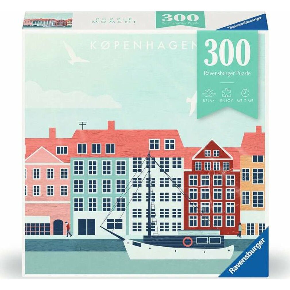 Scatola puzzle con immagine di Copenaghen. 300 pezzi. Testo: Ravensburger, 300, Relax, Enjoy, Me Time.