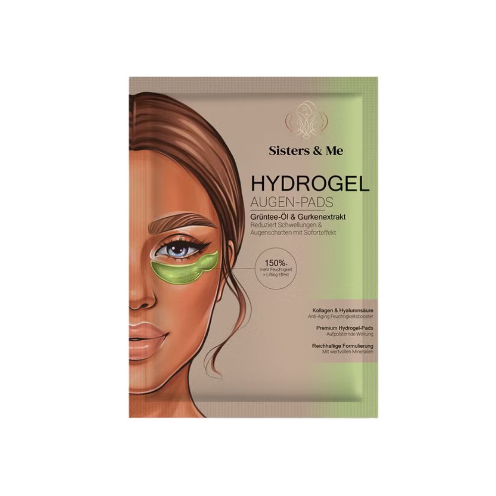 Confezione di eye pads. Stampa: Sisters & Me, Hydrogel Augen-Pads con estratto di cetriolo e olio di tè verde. Illustrazione di una donna con cuscinetti sotto gli occhi.