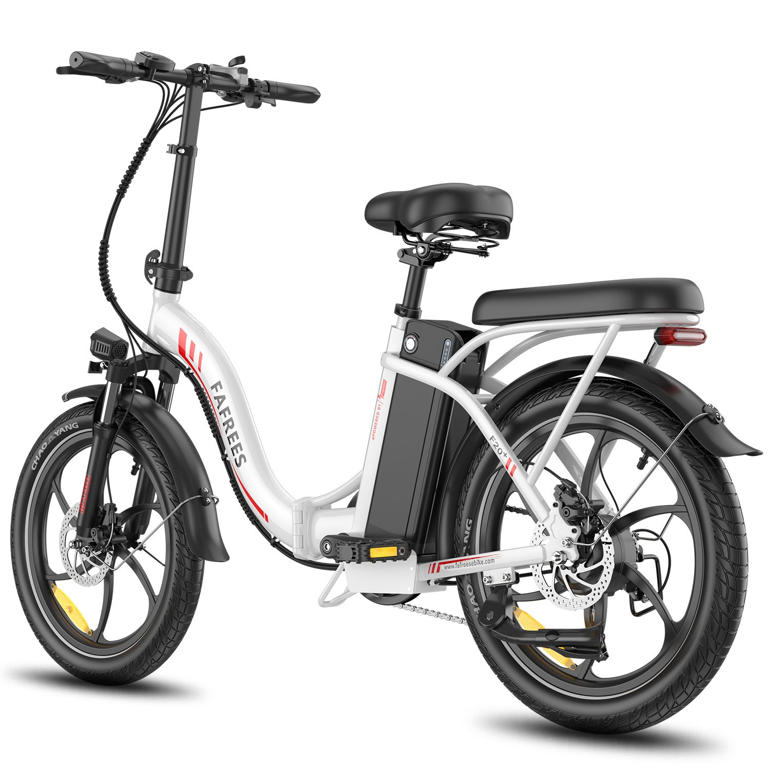 E-bike pieghevole bianca, accenti rossi. Pneumatici, sella e manubrio neri. Marchio FAFREES.