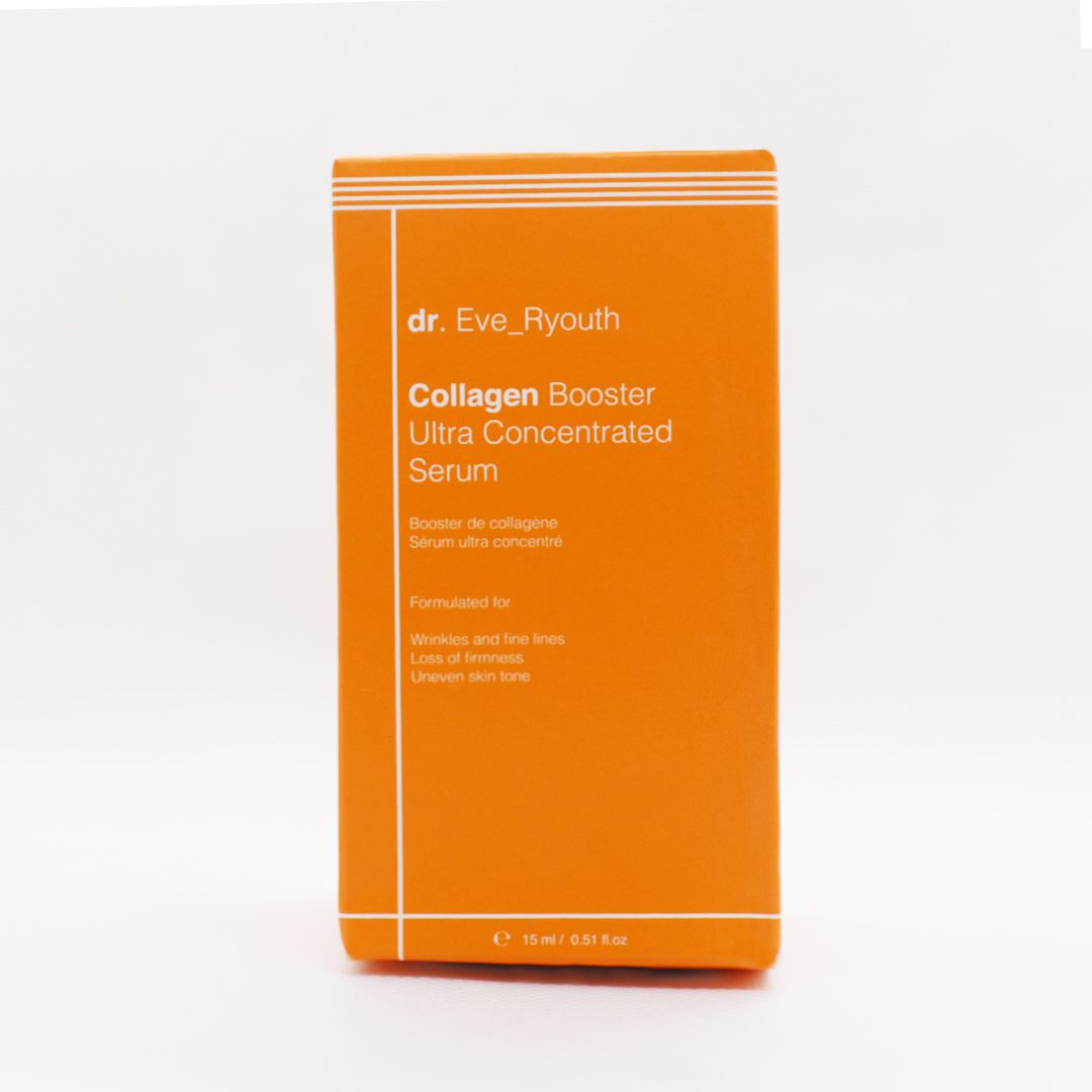 Confezione arancione. Scritta: Collagen Booster Ultra Concentrated Serum. Con cornice bianca.