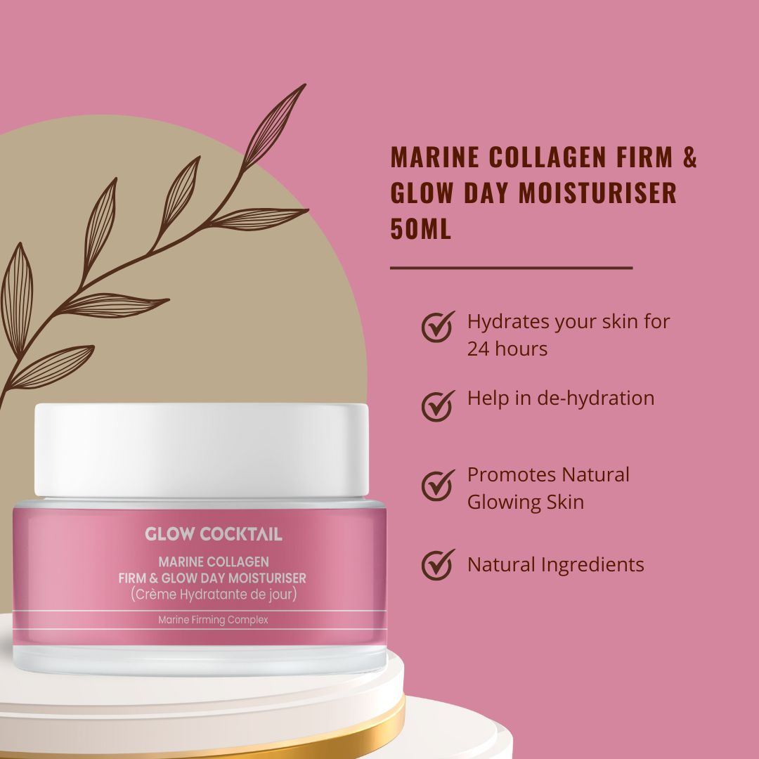 Vaso di crema rosa con testo e icone. Scritta: Glow Cocktail, Marine Collagen, Firm & Glow Day Moisturiser, 50ml.