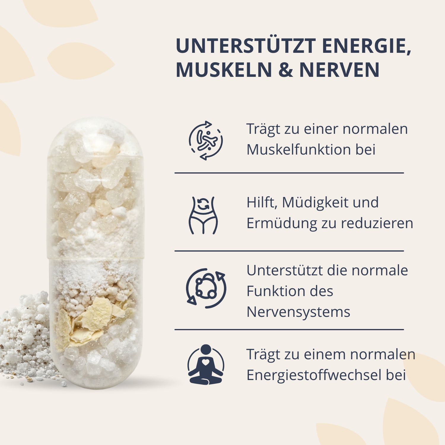 Capsula trasparente con granuli di magnesio, supporta energia, muscoli e nervi.
