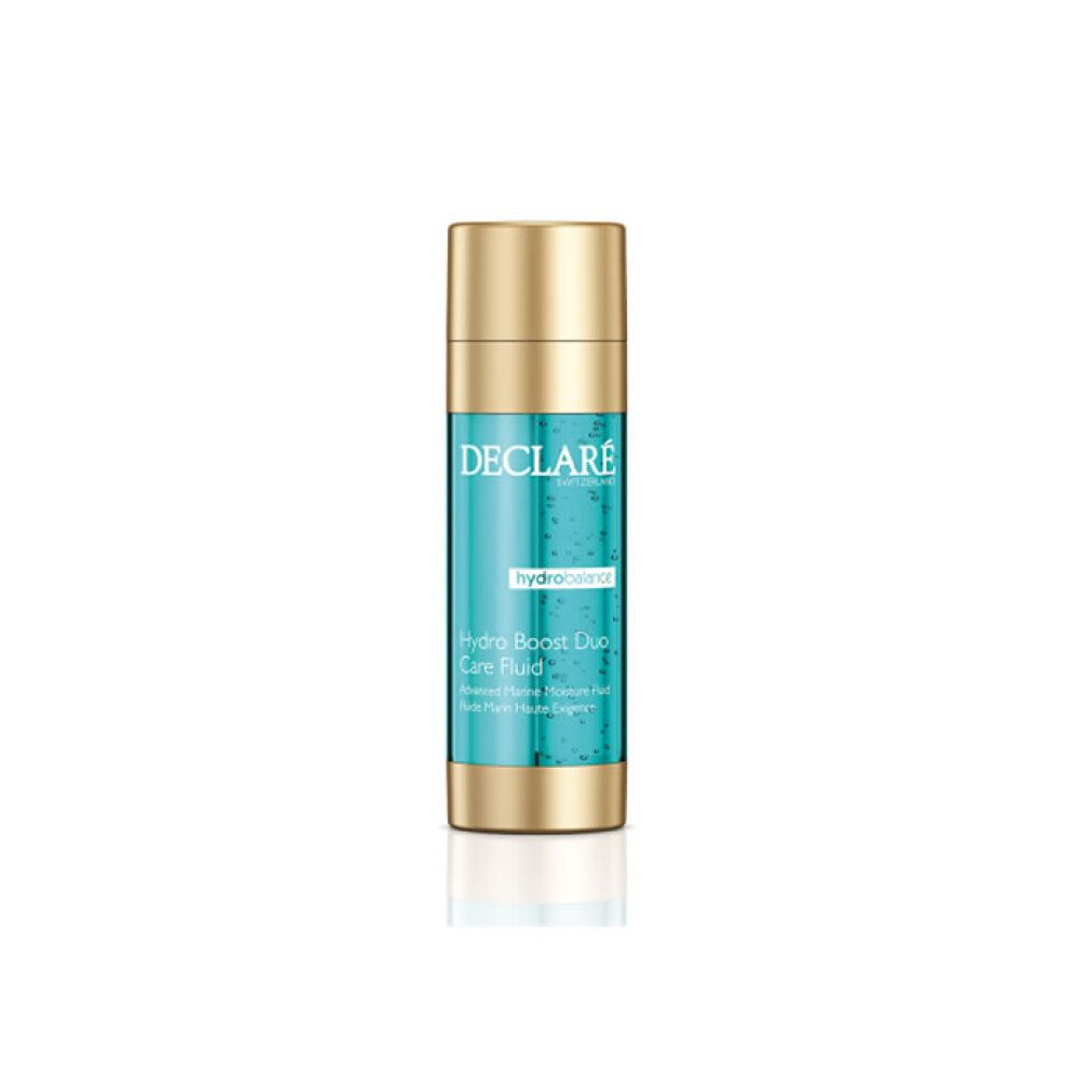 DECLARÉ Hydro Boost Duo Care Fluid in flacone turchese con tappo dorato.