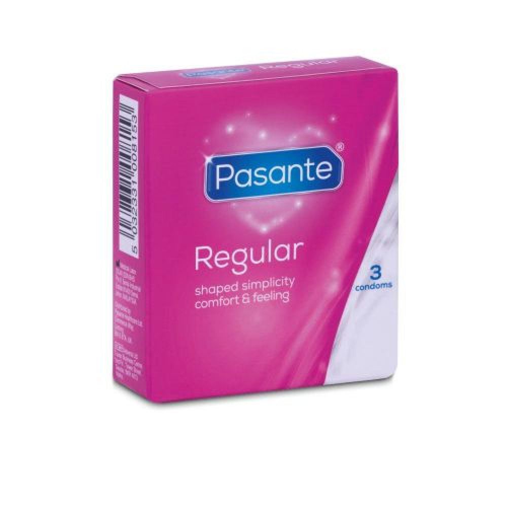 Scatola rosa di preservativi Pasante Regular. Contiene 3 preservativi. Testo: shaped simplicity comfort & feeling.