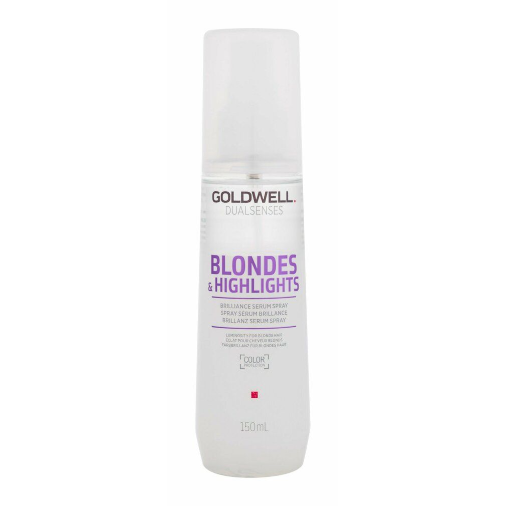 Goldwell Blondes & Highlights Brilliance Serum Spray. Flacone bianco con erogatore spray. Scritta viola. 150ml.