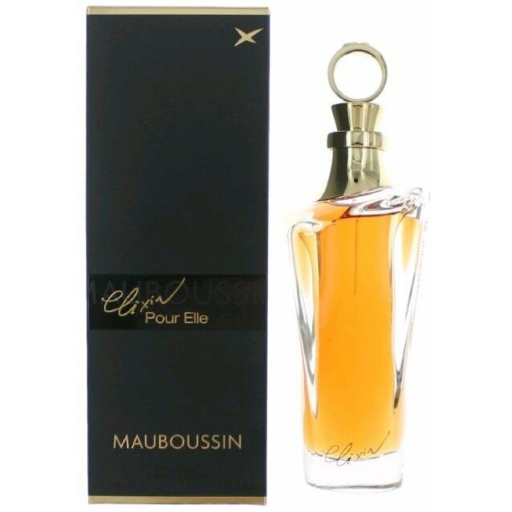 Flacone di profumo con tappo dorato e confezione nera. Scritta: Elixir Pour Elle, Mauboussin.