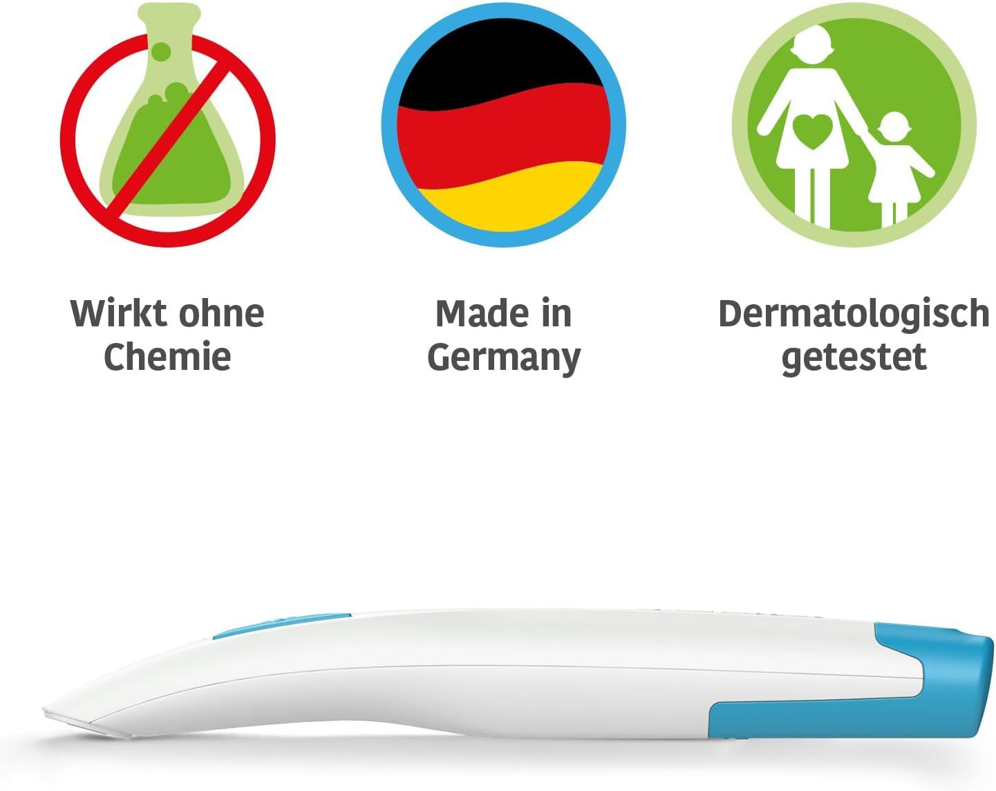 Dispositivo bianco con dettagli blu. Loghi: Senza chimici, Made in Germany, dermatologicamente testato. Sotto il dispositivo.