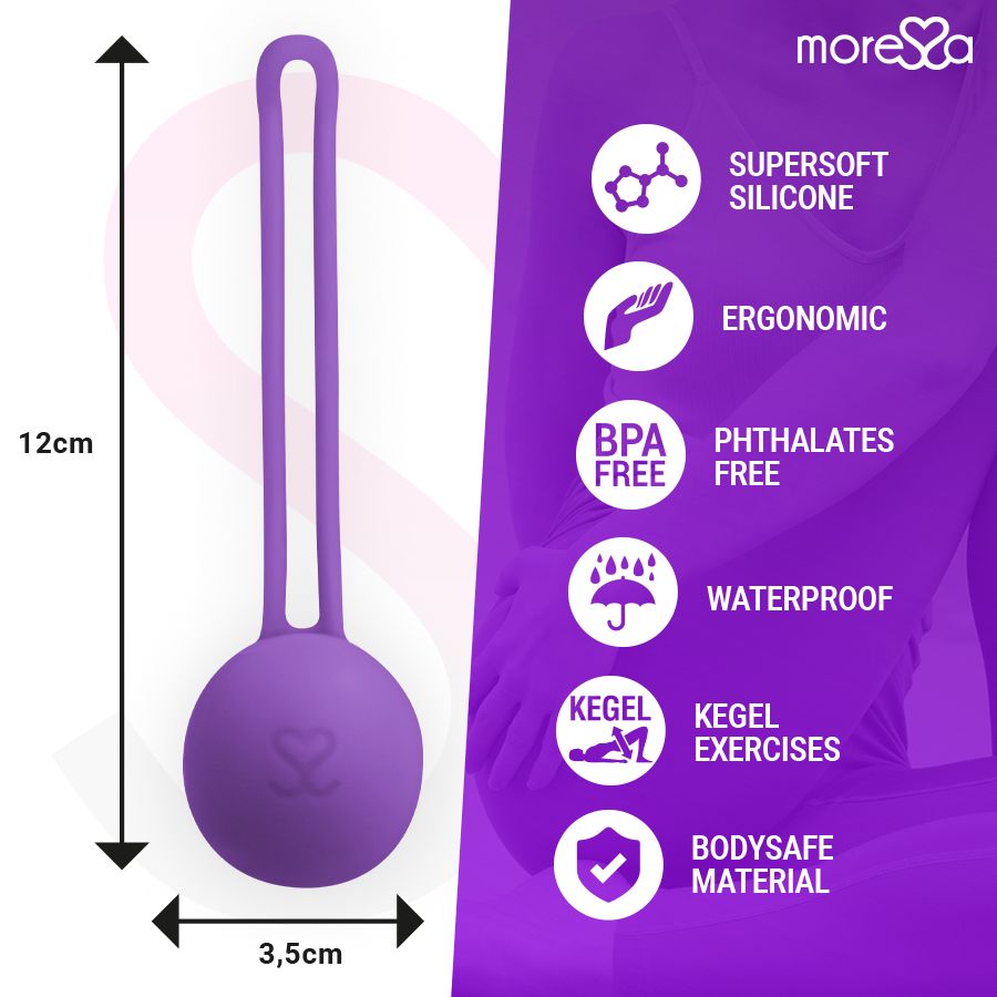 Palla per esercizi di Kegel lilla in silicone. Dimensioni: 12 cm x 3,5 cm. Testo: SUPERSOFT SILICONE, ERGONOMIC, BPA FREE, WATERPROOF, KEGEL EXERCISES, BODYSAVE MATERIAL.