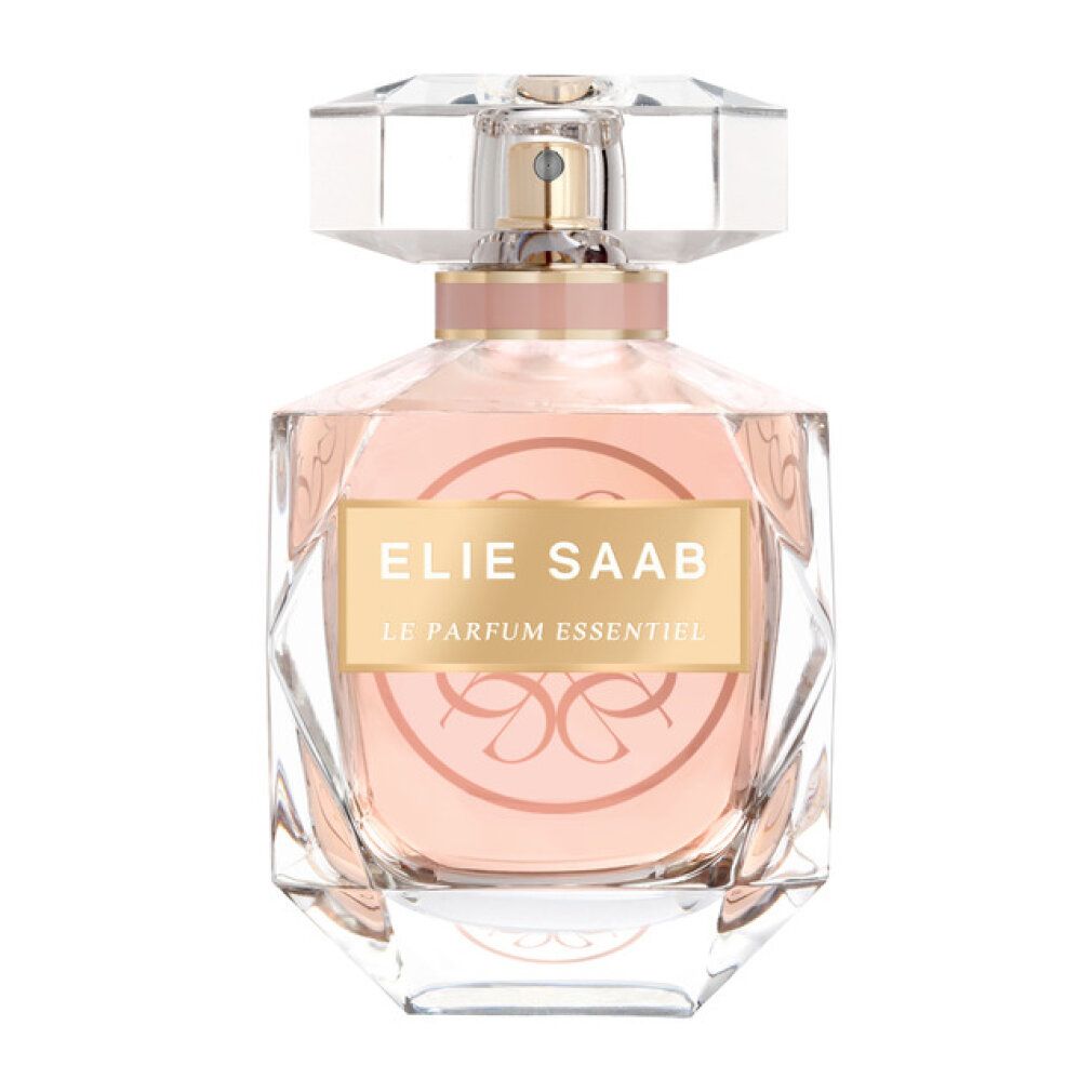 Flacone di profumo con liquido rosa, etichetta dorata e tappo trasparente. Testo: Elie Saab Le Parfum Essentiel.