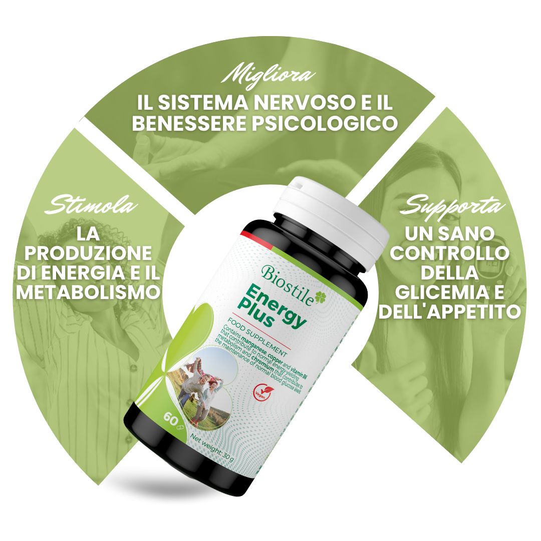 Flacone Biostile Energy Plus. Testo: Stimola la produzione di energia e il metabolismo. Supporta un sano controllo della glicemia e dell'appetito.
