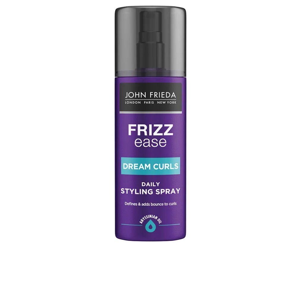 Flacone spray viola con erogatore nero. Scritte: John Frieda, Frizz Ease, Dream Curls, Daily Styling Spray.