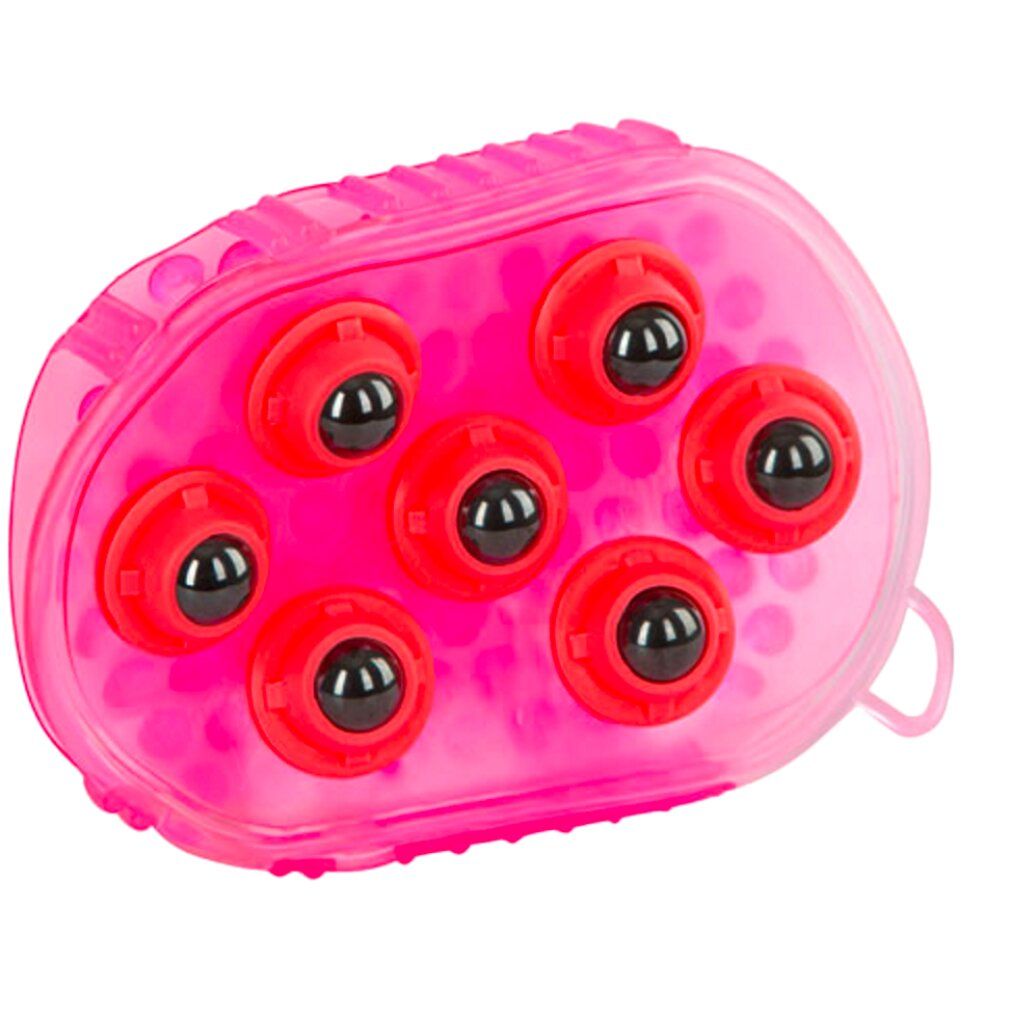 Spazzola massaggiante rosa con 6 rulli rossi e sfere nere. Ovale, con manico. In plastica trasparente.