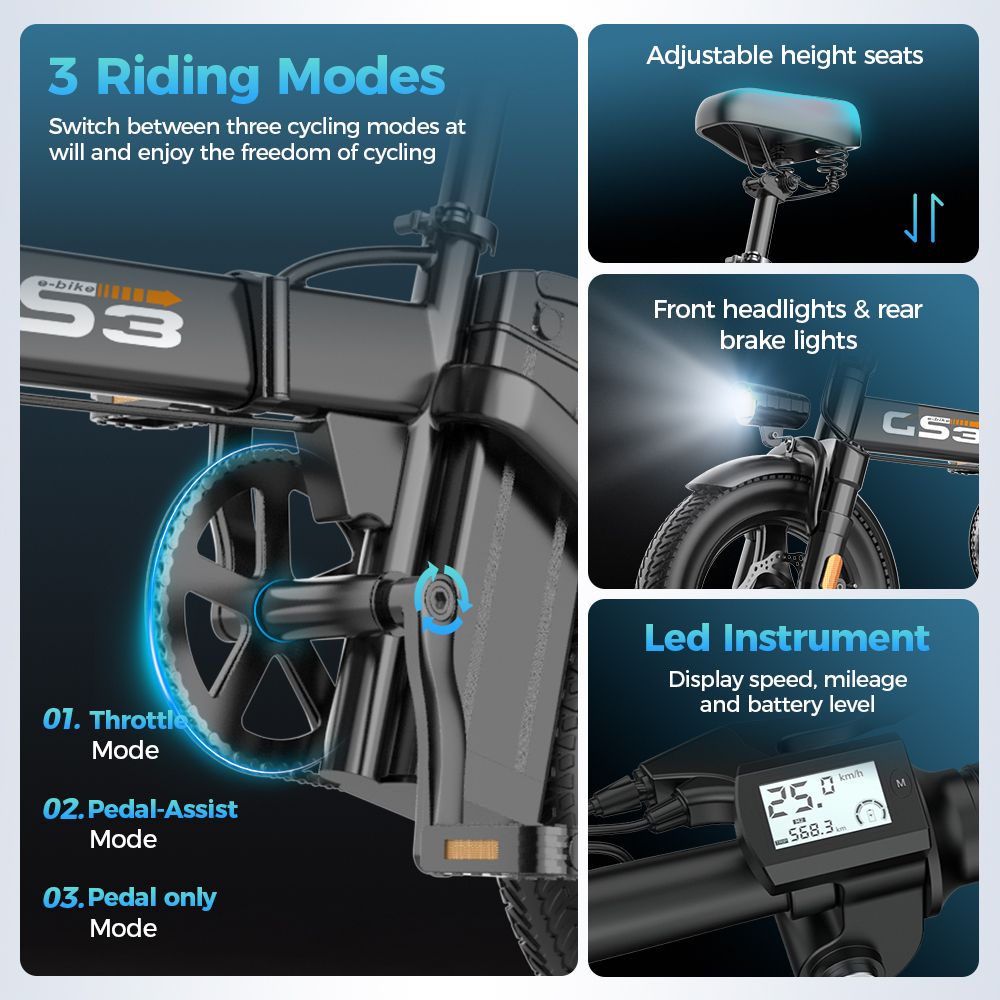 E-bike GS3 con 3 modalità di guida. Altezza del sedile regolabile, fari anteriori e posteriori, strumento LED con velocità, chilometraggio e batteria.