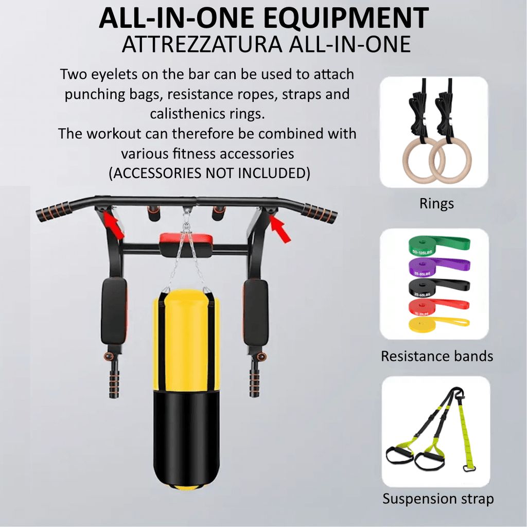 Barra per trazioni nera con accessori: sacco da boxe, anelli, fasce di resistenza e cinghie di sospensione. Accessori non inclusi.