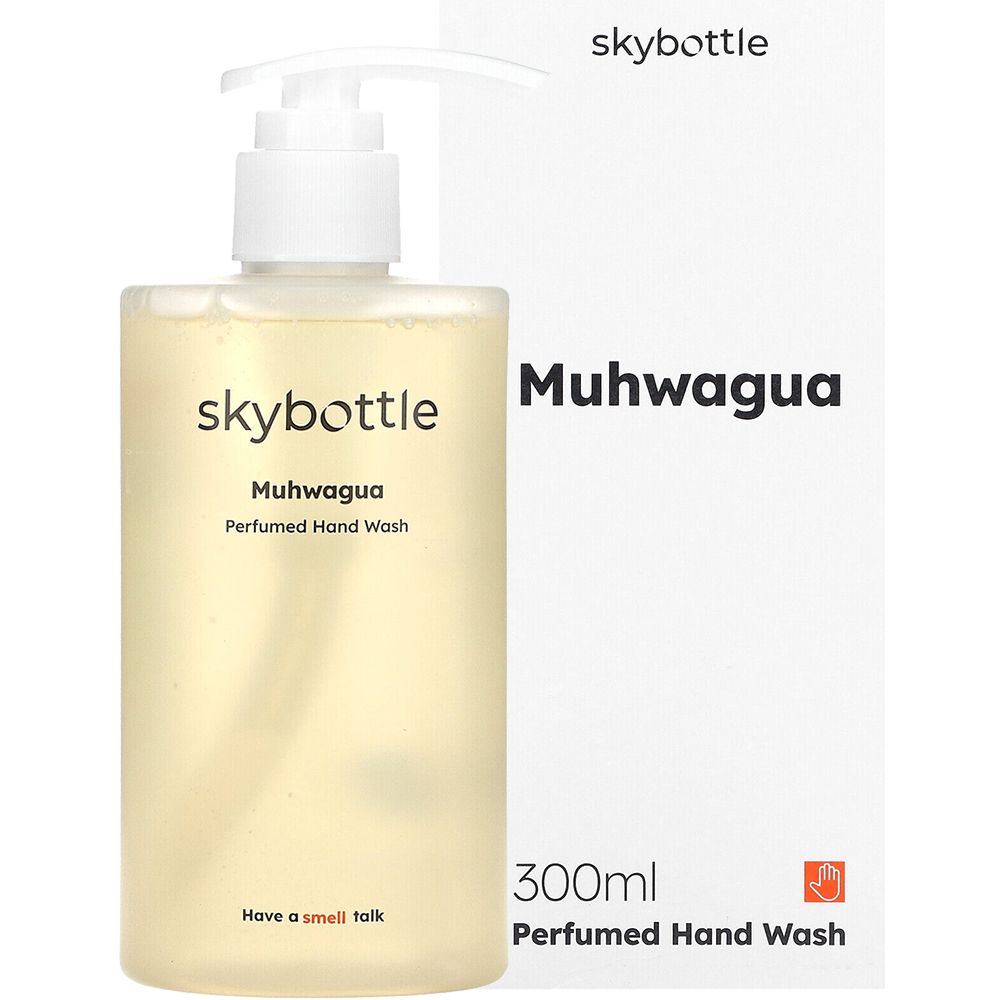 Flacone di sapone per le mani SKYBOTTLE Muhwagua con confezione. Etichetta bianca, testo nero, 300 ml.