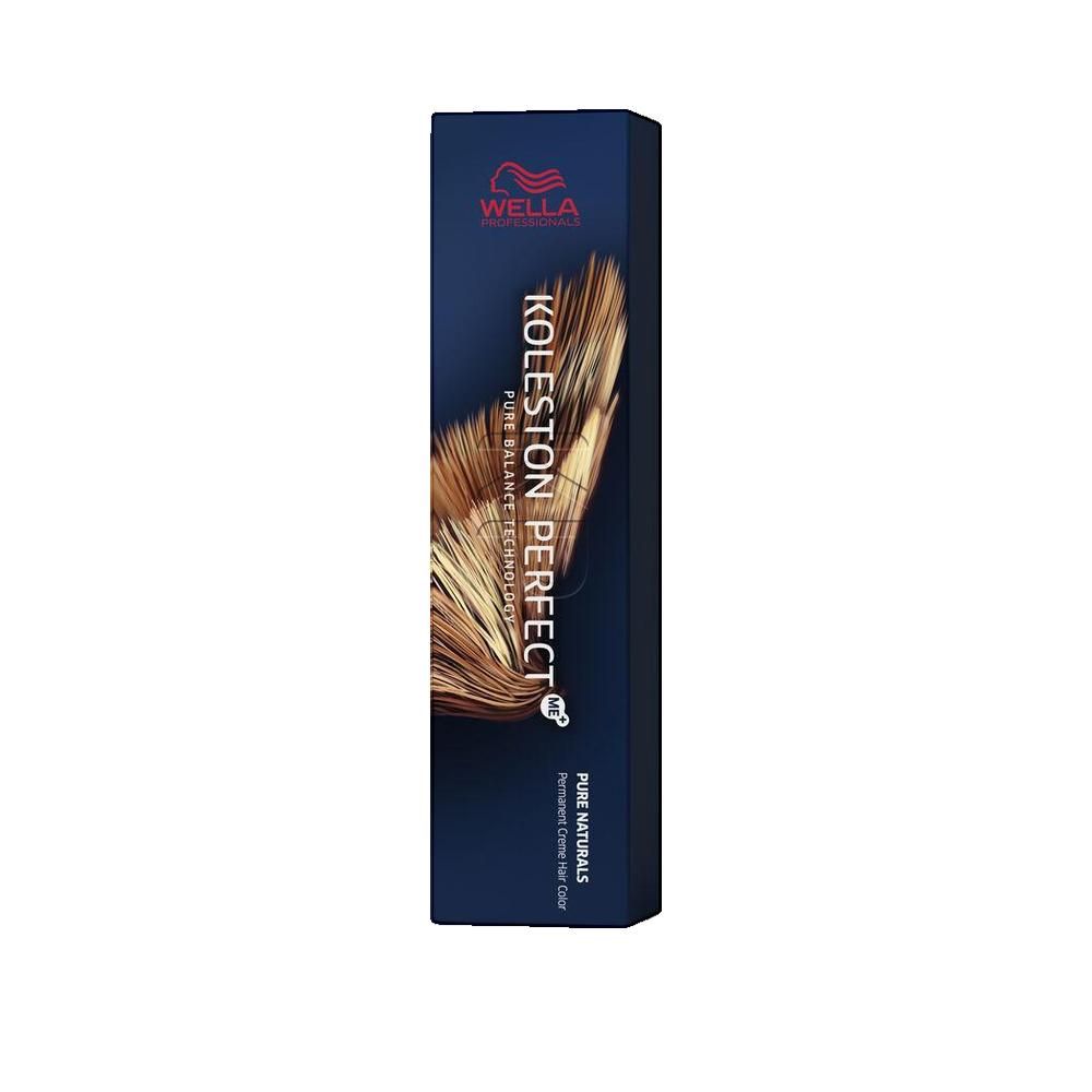 Confezione Wella Koleston Perfect Me+. Scatola blu con nome e logo del prodotto. Stampa capelli dorati.