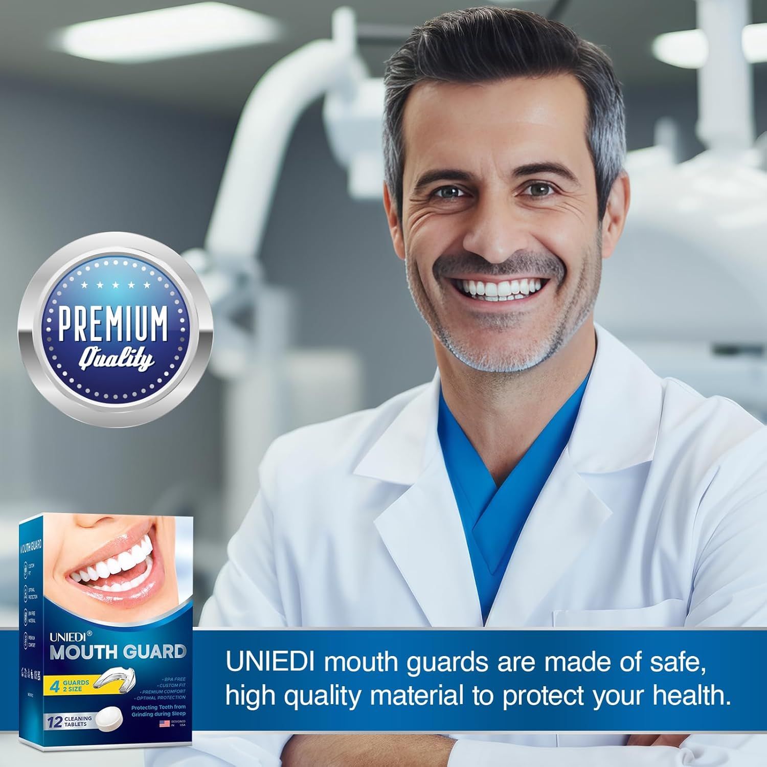 Medico sorridente. Confezione UNIEDI Mouth Guard. Qualità Premium. Testo: paradenti UNIEDI in materiale sicuro e di alta qualità.