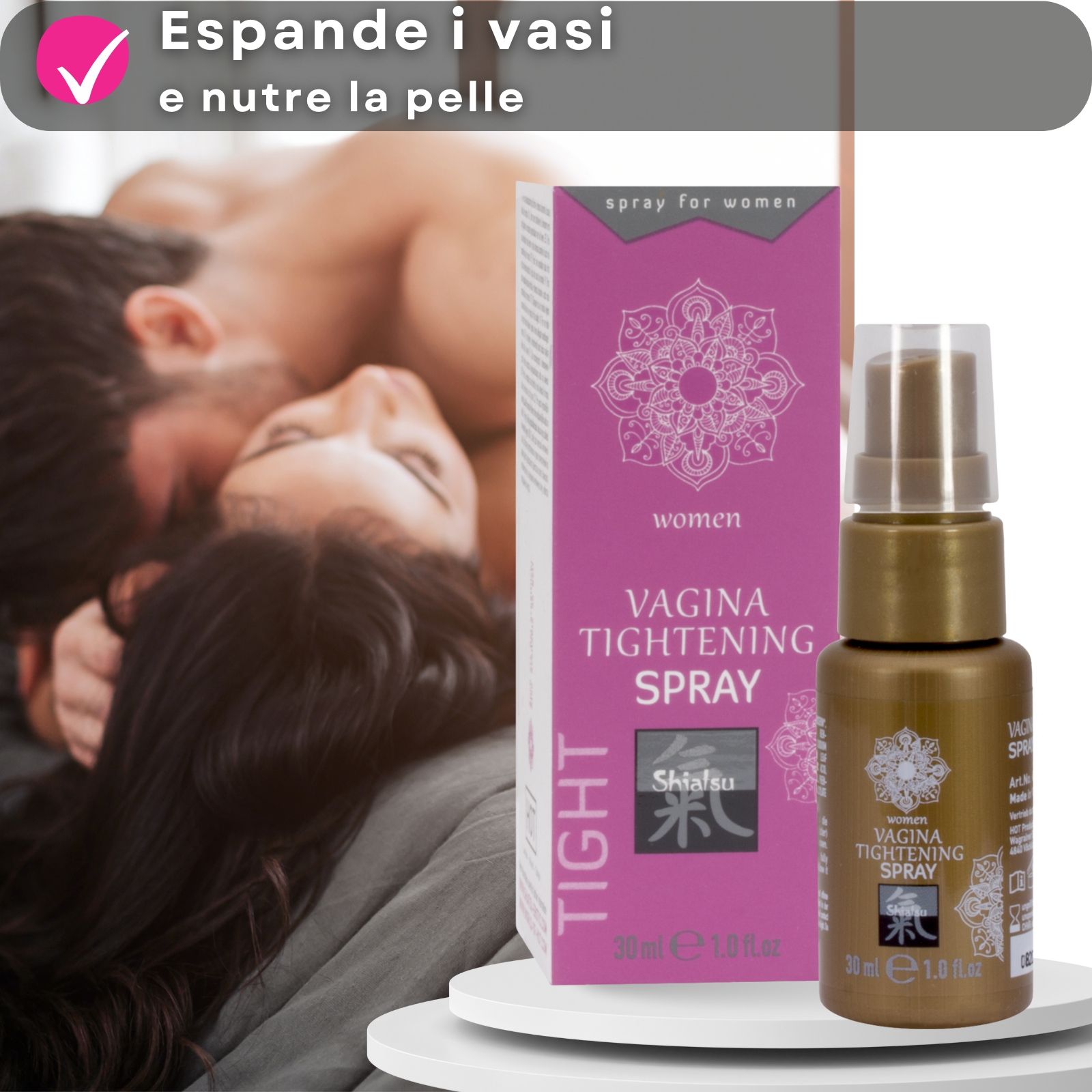 Flacone spray dorato e confezione. Testo: Vagina Tightening Spray. 30ml. Con coppia.