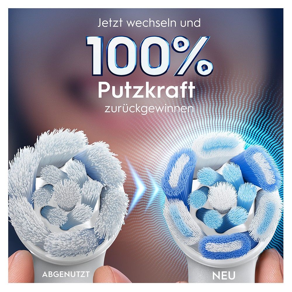 Confronto: testina Oral-B iO usata vs. nuova. La testina nuova mostra setole piene per il 100% di potenza di spazzolamento.