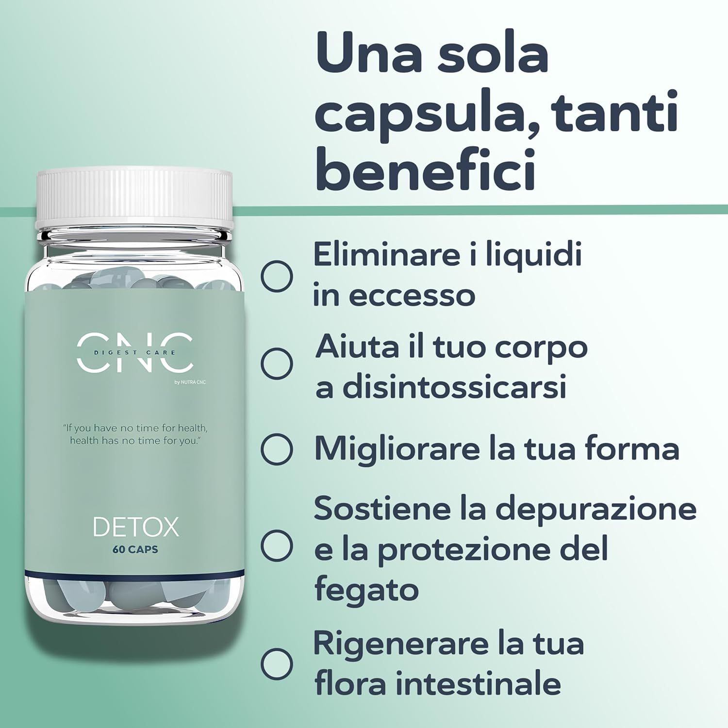Flacone CNC DETOX con elenco dei benefici: eliminare i liquidi, disintossicare il corpo, proteggere il fegato.