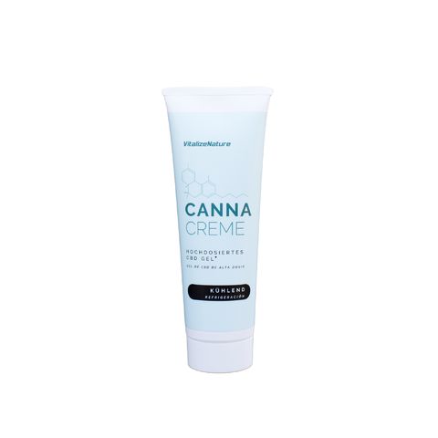 Tubo di Canna Creme CBD Gel. Rinfrescante. Nome e logo del prodotto.