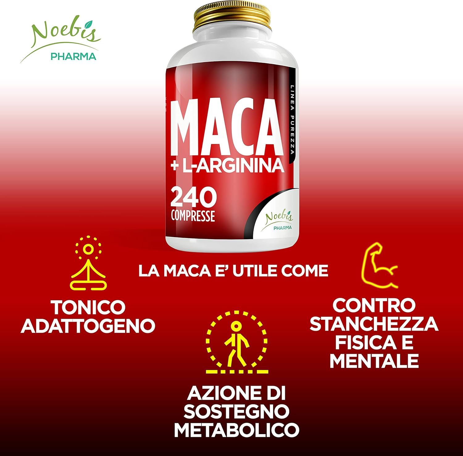 Flacone di Maca + L-Arginina, 240 compresse. Icone per tonico adattogeno e metabolico.