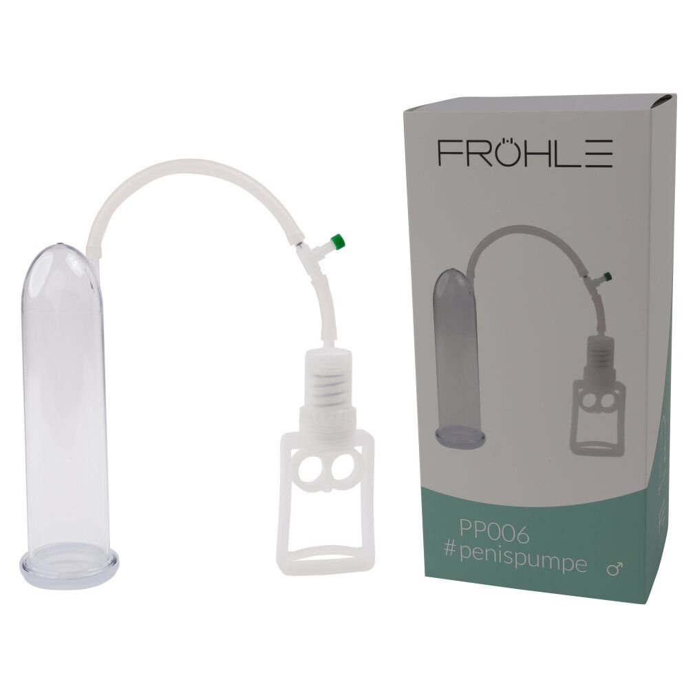 Pompa per pene con cilindro trasparente, accessori bianchi e tubo. Confezione prodotto con scritte FRÖHLE e PP006.