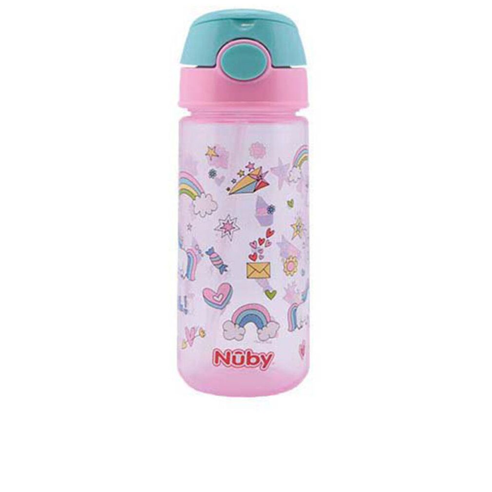 Borraccia rosa e turchese. Con motivi colorati e logo "Nûby".