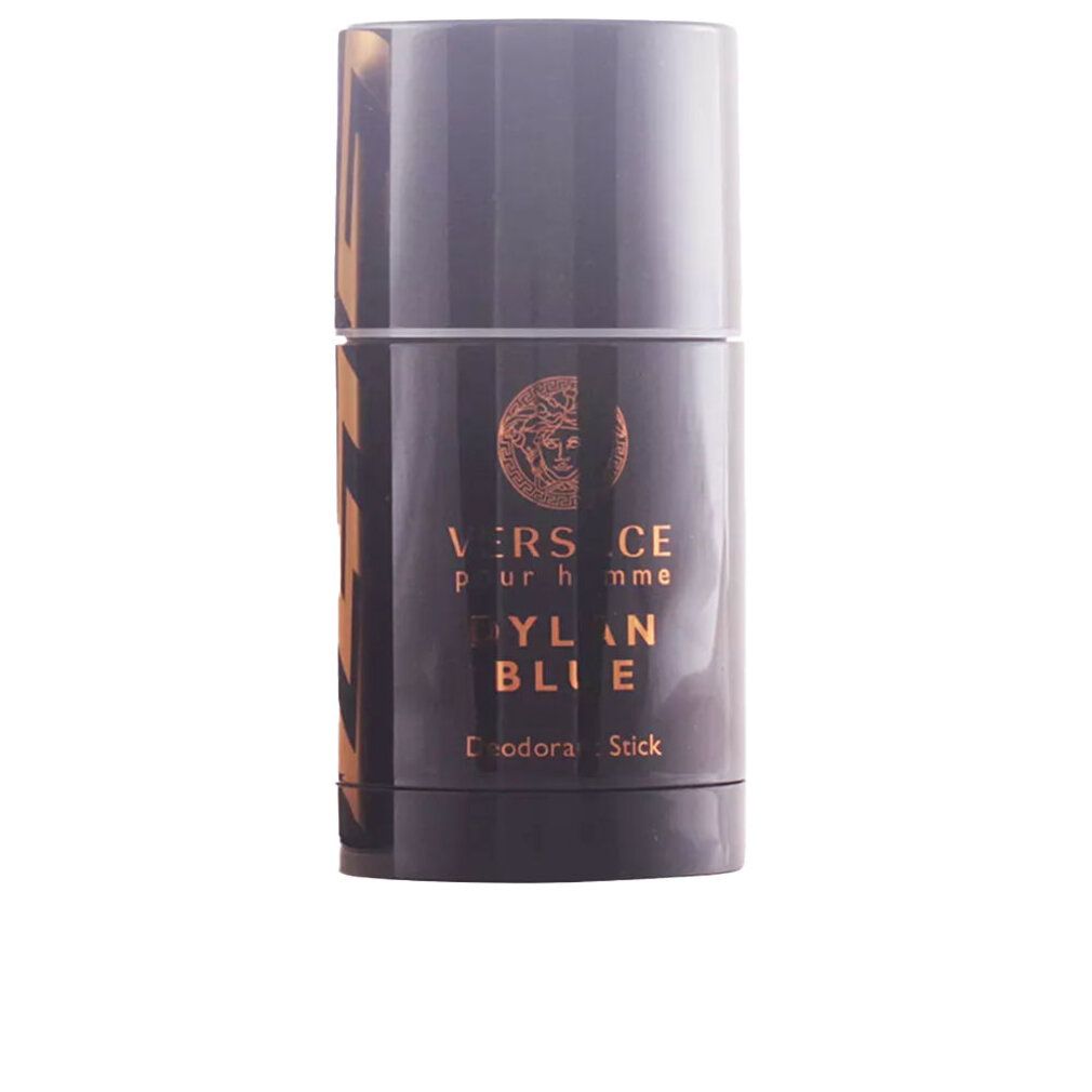 Stick deodorante blu scuro con logo e scritta dorati. Scritta: Versace Dylan Blue Pour Homme Deodorant Stick.