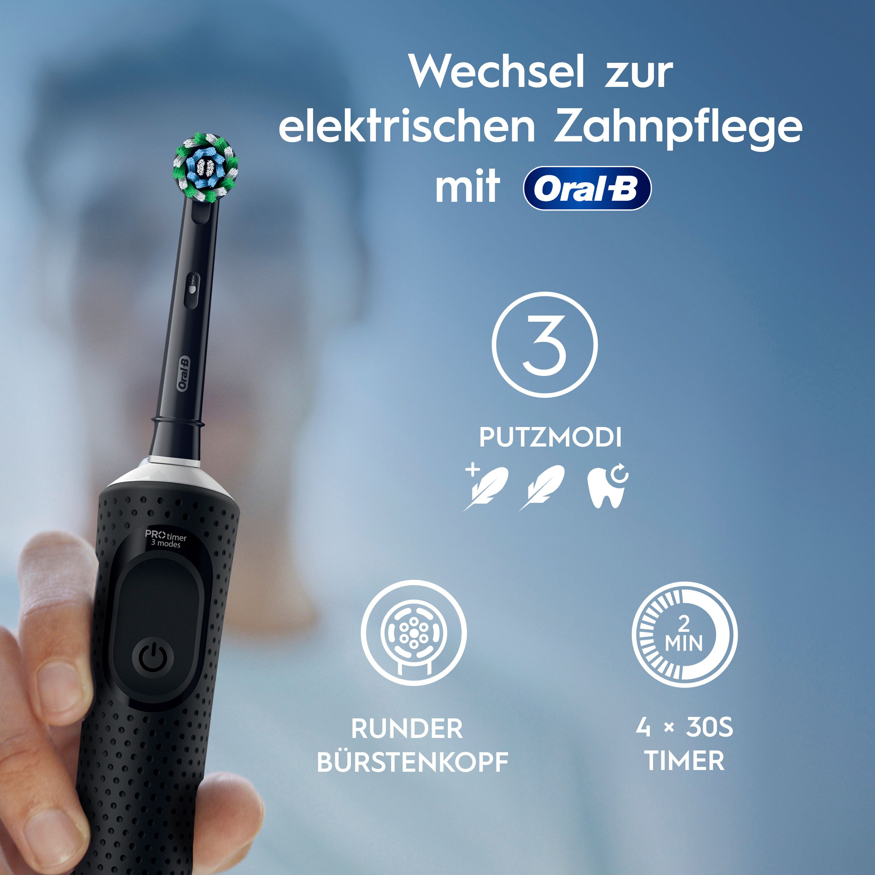 Spazzolino elettrico Oral-B nero con testina rotonda. 3 modalità di pulizia, timer da 2 minuti e timer da 4 x 30 s.