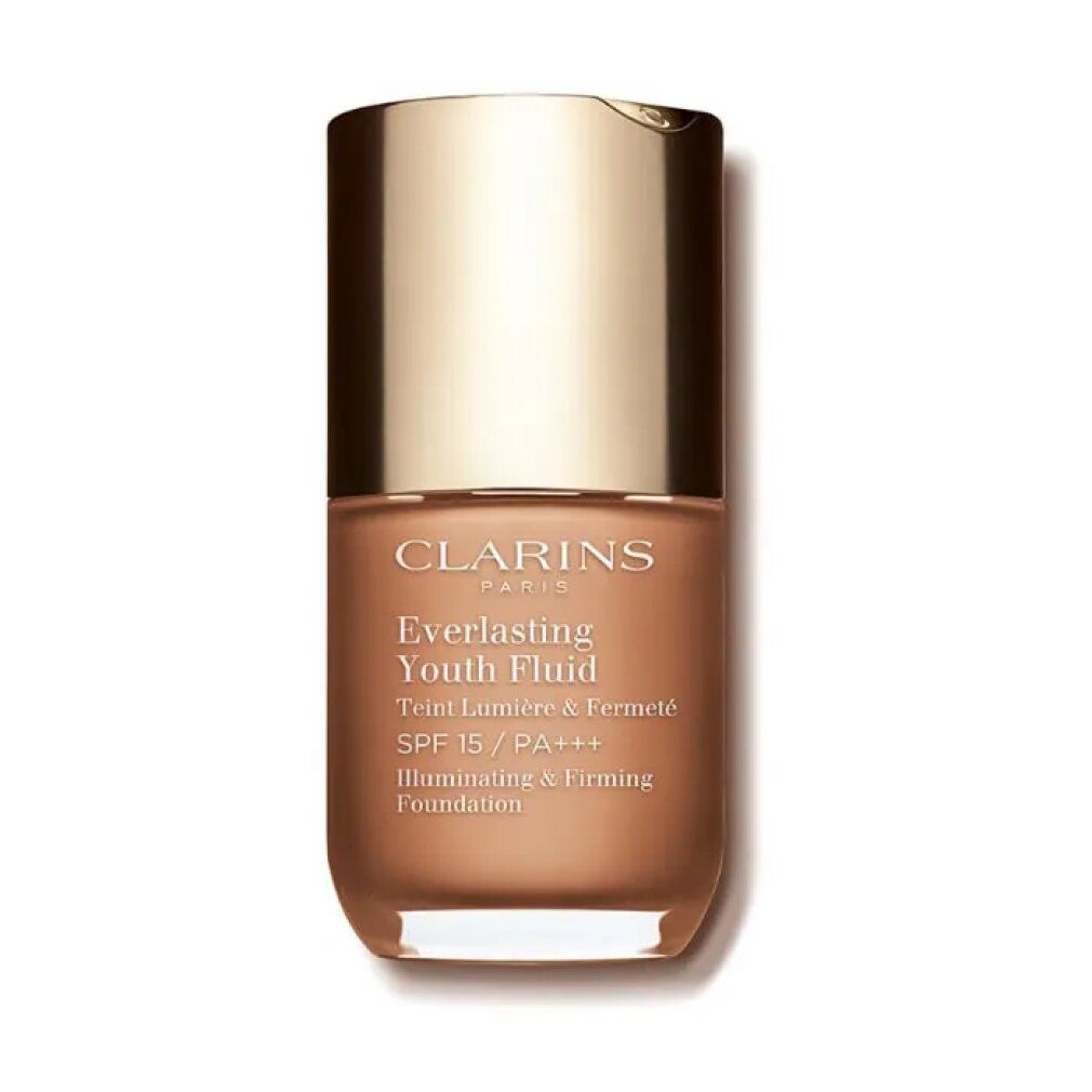 Clarins Everlasting Youth Fluid SPF 15. Flacone con tappo dorato e liquido marrone. Testo: Illuminating & Firming Foundation.