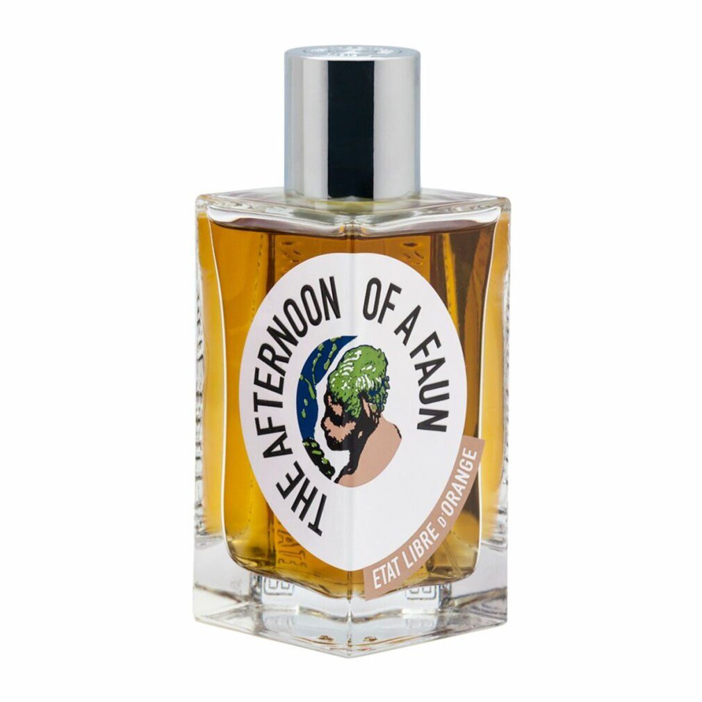 Flacone di profumo con tappo argentato ed etichetta. Scritta: THE AFTERNOON OF A FAUN, ETAT LIBRE D'ORANGE. Liquido color ambra.