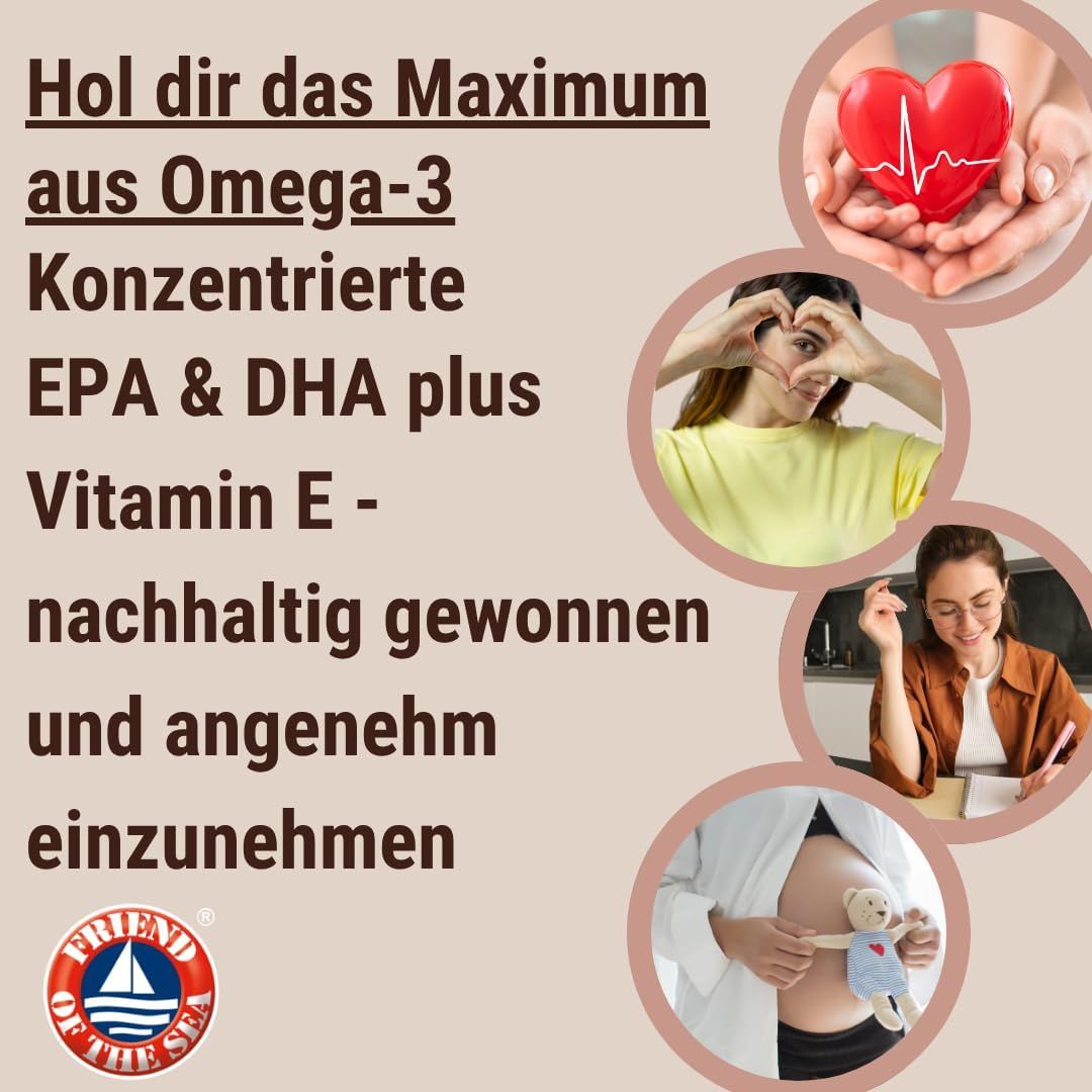 Testo: Ottieni il massimo dagli Omega-3. EPA e DHA concentrati più vitamina E. Immagini: cuore, mani, donna, pancia incinta.