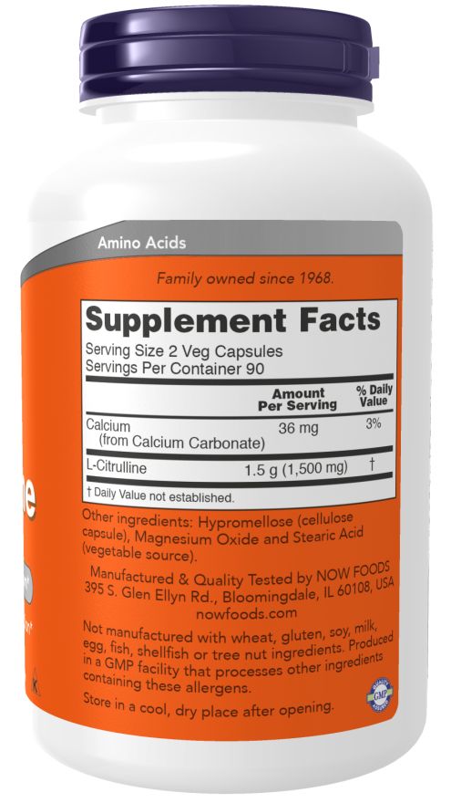 Retro del flacone. Contiene informazioni nutrizionali, tra cui L-Citrullina. Informazioni sul produttore e certificazioni visibili.