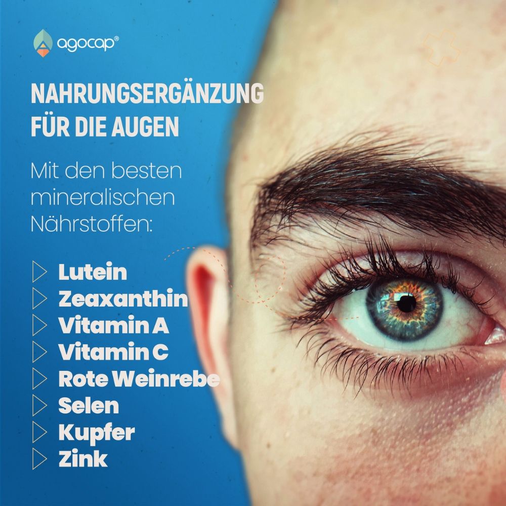 Occhio con testo: Integratore per gli occhi. Luteina, Zeaxantina, Vitamina A, C, Vite Rossa, Selenio, Rame, Zinco.