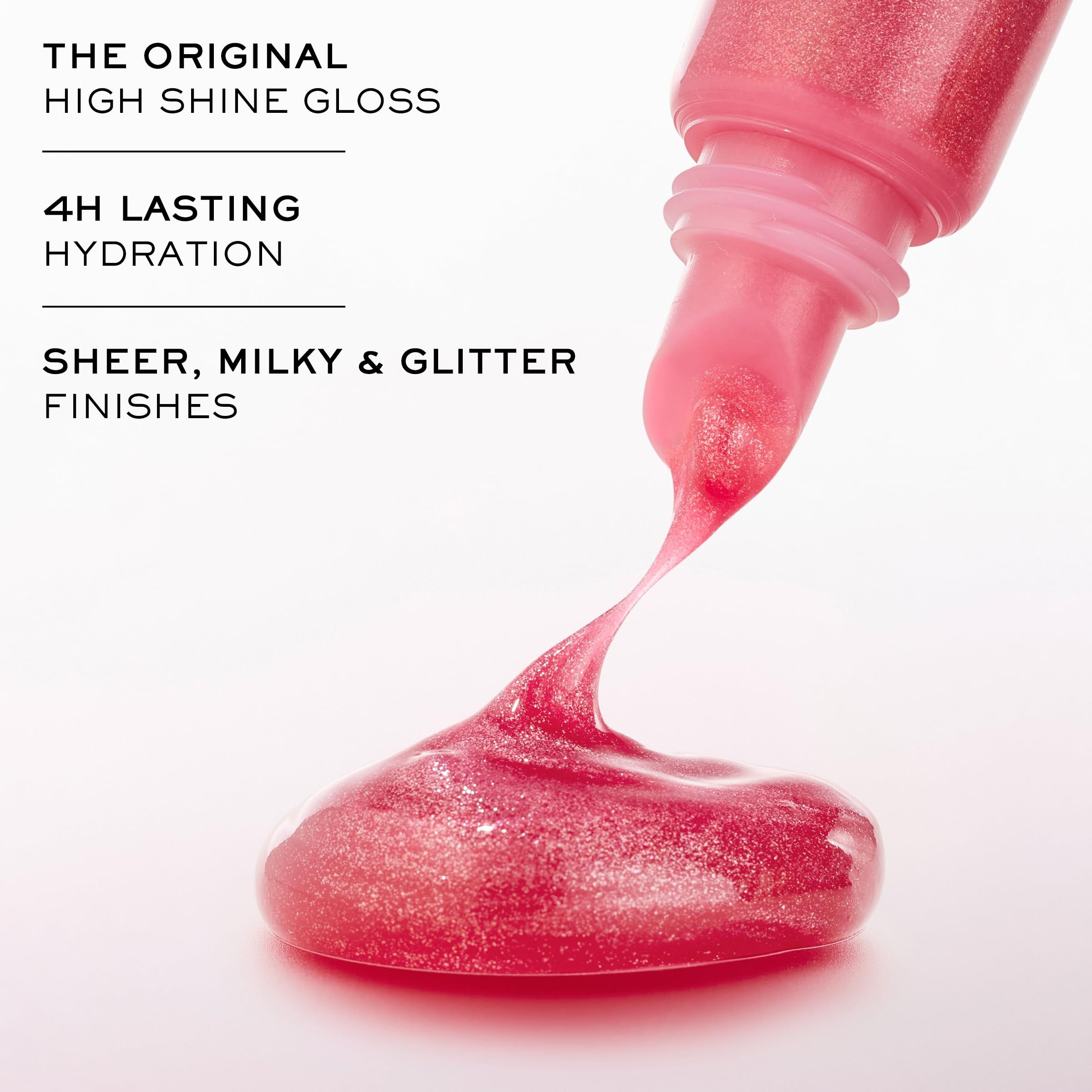 Lucidalabbra rosa che esce da un tubetto. Testo: THE ORIGINAL HIGH SHINE GLOSS, 4H LASTING HYDRATION, SHEER, MILKY & GLITTER FINISHES.
