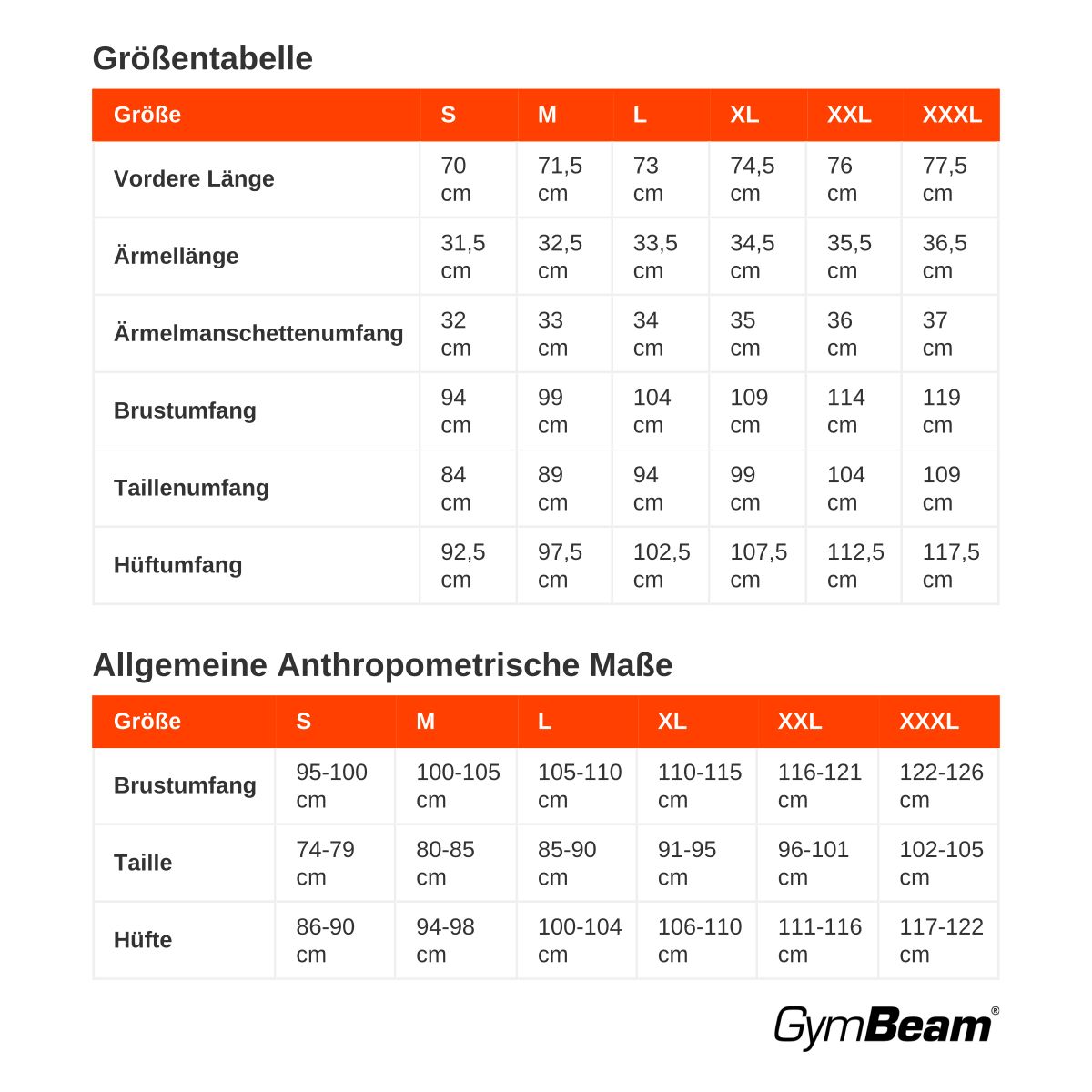 Tabella delle taglie per t-shirt nere GymBeam da uomo, con misure in cm.